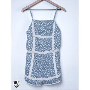 Aerie Romper S Blue White Floral Lace Sleeveless Summer Casual Cottagecore